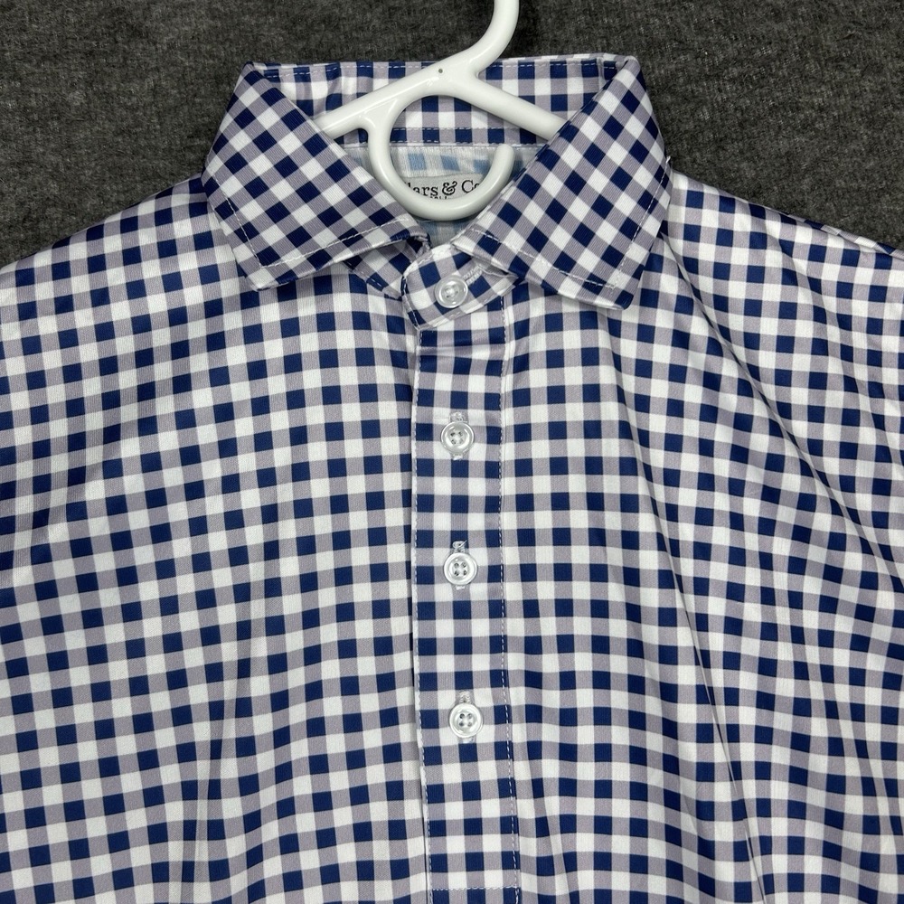Collars and Co Polo shirt Mens S Blue Gingham stretch Spread Dress Collar